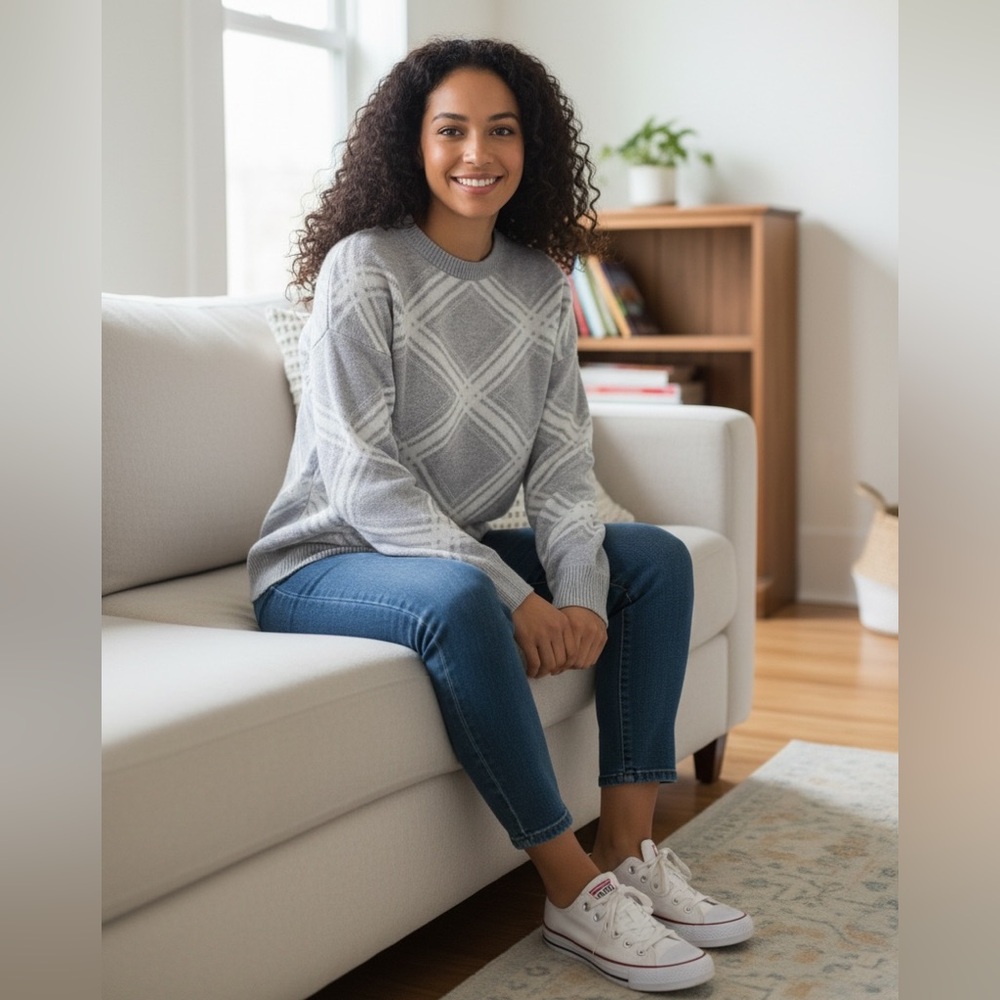 a new day Gray and White Crew Neck Sweater